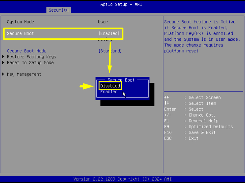 Aptio Setup - AMI Secure Boot Disabled
