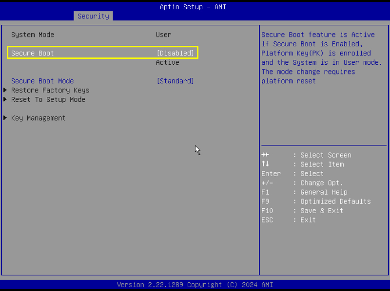 Aptio Setup - AMI Secure Boot Disabled