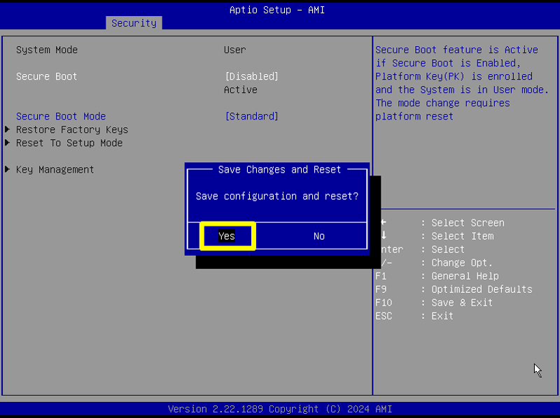 Aptio Setup - AMI Save Changes and Reset